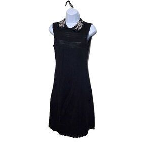 Carven Dress M Knit Black Classic Old Money Embroider Floral Scalloped Designer